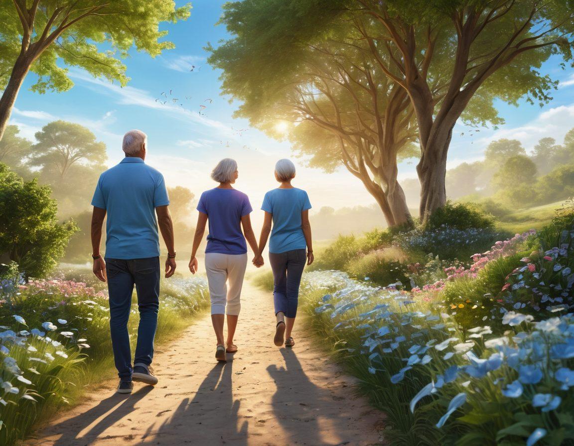 A hopeful scene illustrating a journey from diagnosis to survivorship, featuring a diverse group of individuals of various ages and backgrounds walking together on a sunlit path symbolizing unity and support. Alongside them, transparent ribbons representing different types of cancer flutter in the breeze, with lush greenery and blooming flowers symbolizing growth and healing. The sky is clear and blue, evoking a sense of optimism and resilience. super-realistic. vibrant colors. 3D.