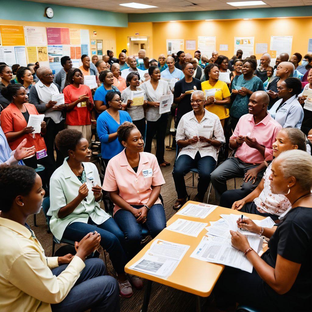 A diverse group of patients and advocates gathered in an uplifting community center, illuminated by warm, inviting light. In the backdrop, inspiring research posters showcasing advancements in cancer care. Everyone engaged in discussion, holding informational pamphlets, symbolizing empowerment and hope. Vibrant colors and a sense of unity pervade the atmosphere, highlighting the collaboration between individuals and the community. super-realistic. vibrant colors. warm lighting.