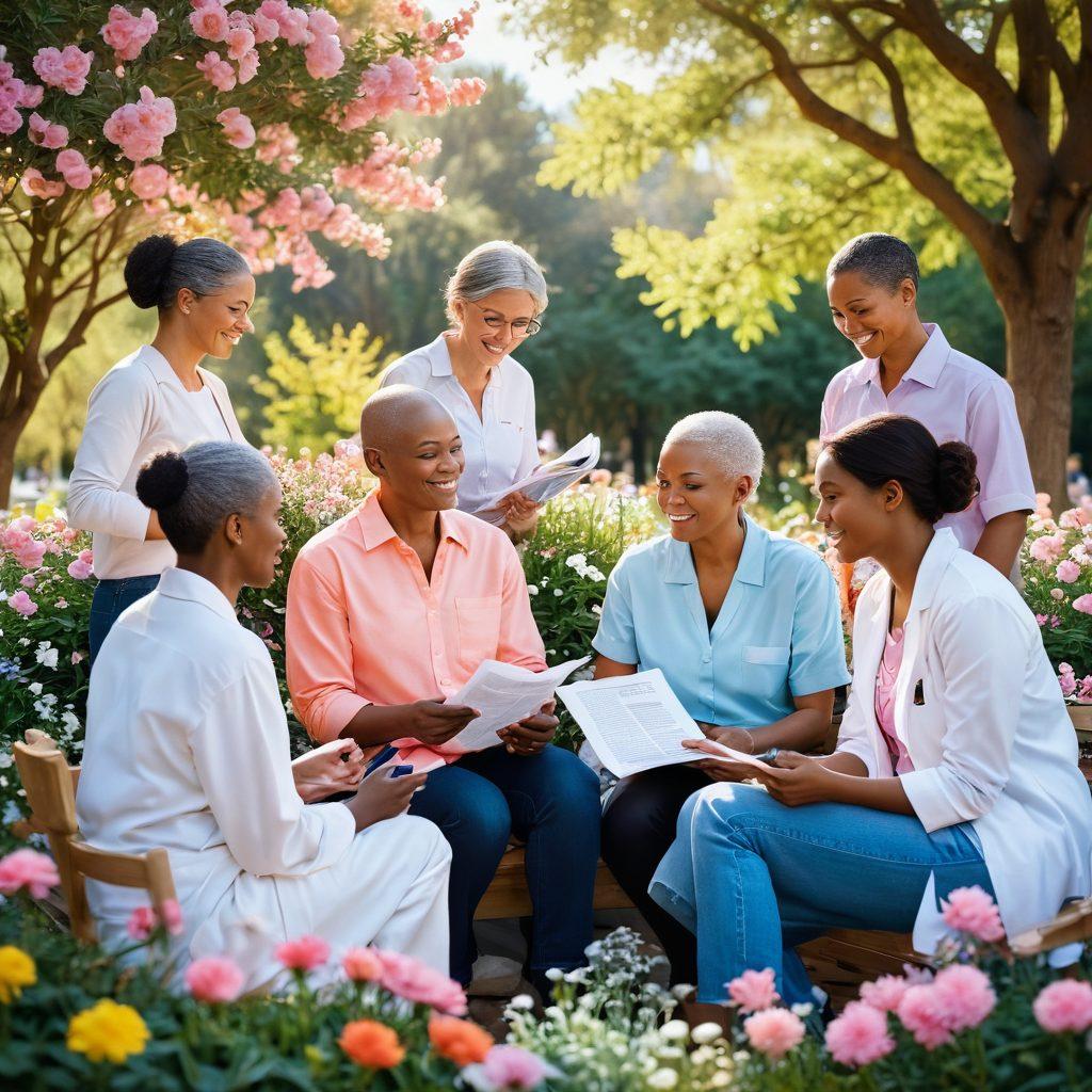 A compassionate scene depicting diverse individuals discussing cancer awareness, surrounded by informative resources like pamphlets and supportive imagery. Show a bright, uplifting atmosphere with a backdrop of blooming flowers symbolizing hope and resilience. Include soft sunlight filtering through trees to enhance the warmth of support. vibrant colors. super-realistic.